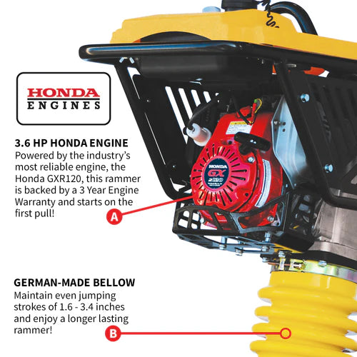 Tomahawk Power 3.6HP Honda Vibratory Rammer Jumping Jack Tamper with Honda GXR120 Engine Impact Force 3,550 lbs/ft