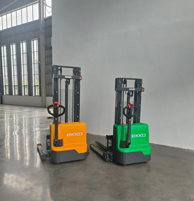 EKKO EB12E High-Efficiency Full Powered Straddle Stacker - 2640 lbs Capacity, 119.4-inch Lift Height, Ideal for Warehouse Stacking & Material Handling