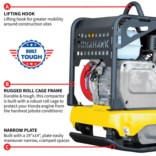 Tomahawk Power 5.5 HP Honda Reverse Plate Compactor 19x14 Plate for Asphalt, Aggregate, Cohesive Soil Compaction