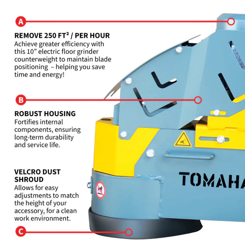 Tomahawk Power 10" Electric Concrete Floor Grinder 1.5HP Motor for Smoothing, Floor Prep, Coatings