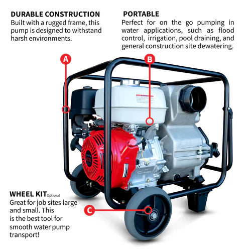 Tomahawk Power 4 Inch Trash Water Pump 423 GPM 13 HP GX390 powered by Honda Portable Utility