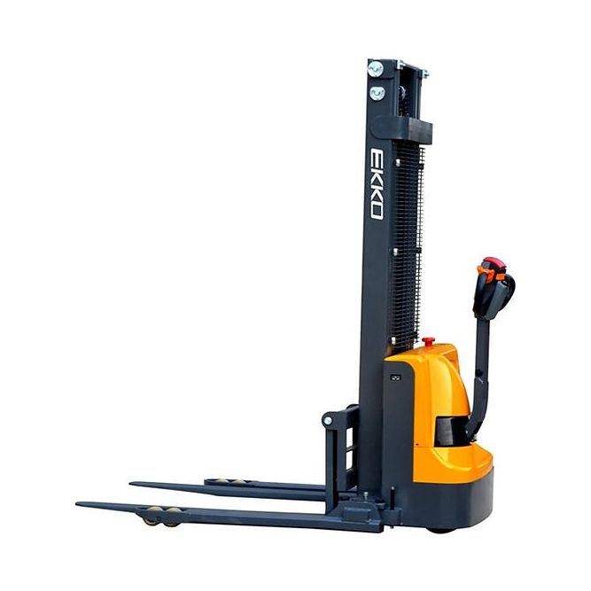 EKKO EB12EA High-Capacity Full Powered Straddle Stacker - 3000 lb Load Capacity, 145.67-inch Lift Height, Ideal for Intensive Warehouse & Material Handling Tasks