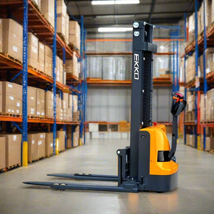 EKKO EB12EA High-Capacity Full Powered Straddle Stacker - 3000 lb Load Capacity, 145.67-inch Lift Height, Ideal for Intensive Warehouse & Material Handling Tasks