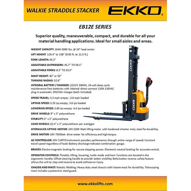 EKKO EB12E-138 Advanced Full Powered Straddle Stacker - 2640 lb Capacity, 138-inch Max Lift Height, Perfect for Efficient Warehouse & Inventory Management