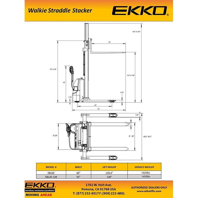 EKKO EB12E High-Efficiency Full Powered Straddle Stacker - 2640 lbs Capacity, 119.4-inch Lift Height, Ideal for Warehouse Stacking & Material Handling