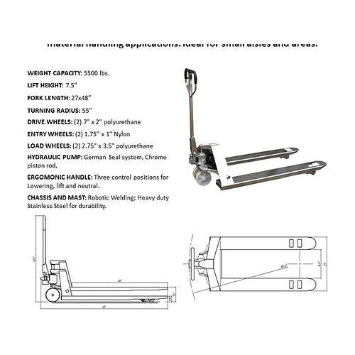 EKKO A25S Stainless Steel Manual Pallet Jack 5500lbs., Capacity