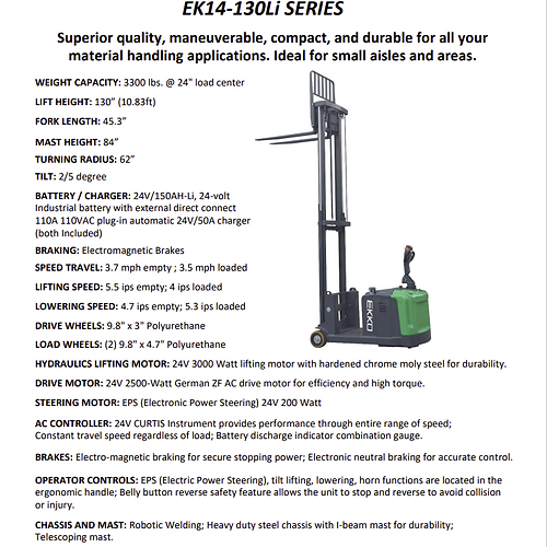 EKKO EK14-130Li Lithium-Ion Counterbalanced Walkie Stacker - Efficient & Sustainable Material Handling Solution