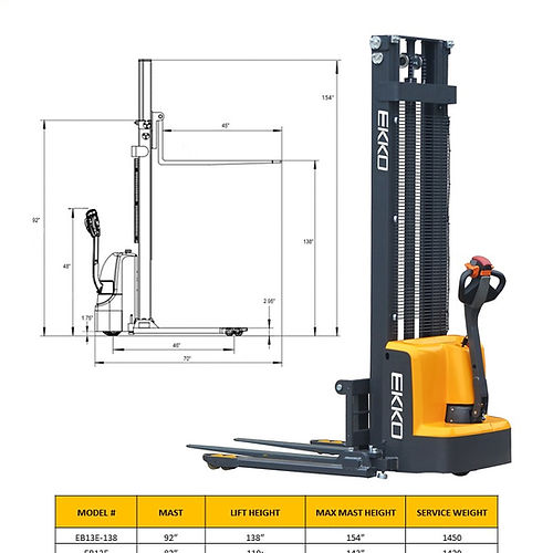 EKKO EB13E-138 High-Reach Full Powered Straddle Stacker - 2800 lb Capacity, 138-inch Lift Height, Ideal for High Stacking in Warehouses & Storage Areas