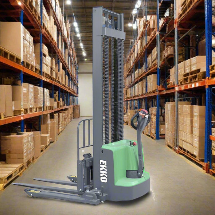 EKKO EB13ES-119Li Superior Range Full Powered Straddle Stacker - 2800 lb Capacity, 145-inch Lift Height, Optimal for High-Reach Warehouse Applications