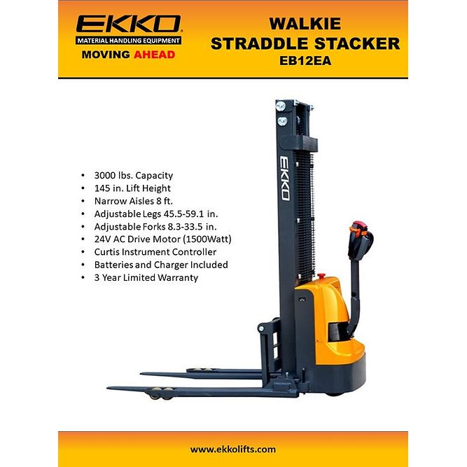 EKKO EB12EA High-Capacity Full Powered Straddle Stacker - 3000 lb Load Capacity, 145.67-inch Lift Height, Ideal for Intensive Warehouse & Material Handling Tasks