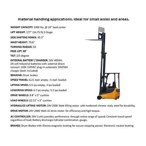 EKKO EK15A 3 Wheel Electric Forklift for Material Handling, 3300 lb Cap., 177" Lift Ht., Side Shift