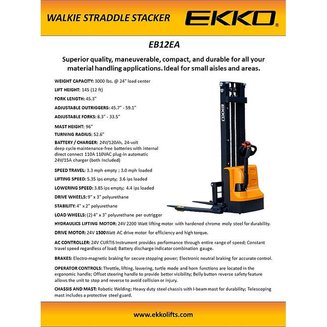 EKKO EB12EA High-Capacity Full Powered Straddle Stacker - 3000 lb Load Capacity, 145.67-inch Lift Height, Ideal for Intensive Warehouse & Material Handling Tasks