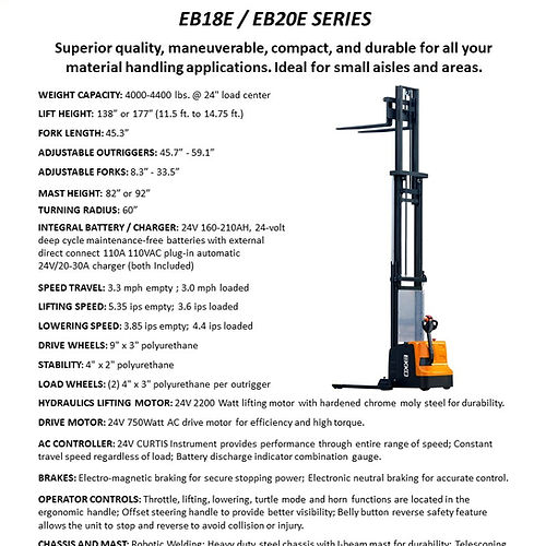 EKKO EB18E High-Capacity Full Powered Straddle Stacker - 4000 lb Load Capacity, 138-inch Lift Height, Ideal for Efficient Warehouse Stacking & Material Handling