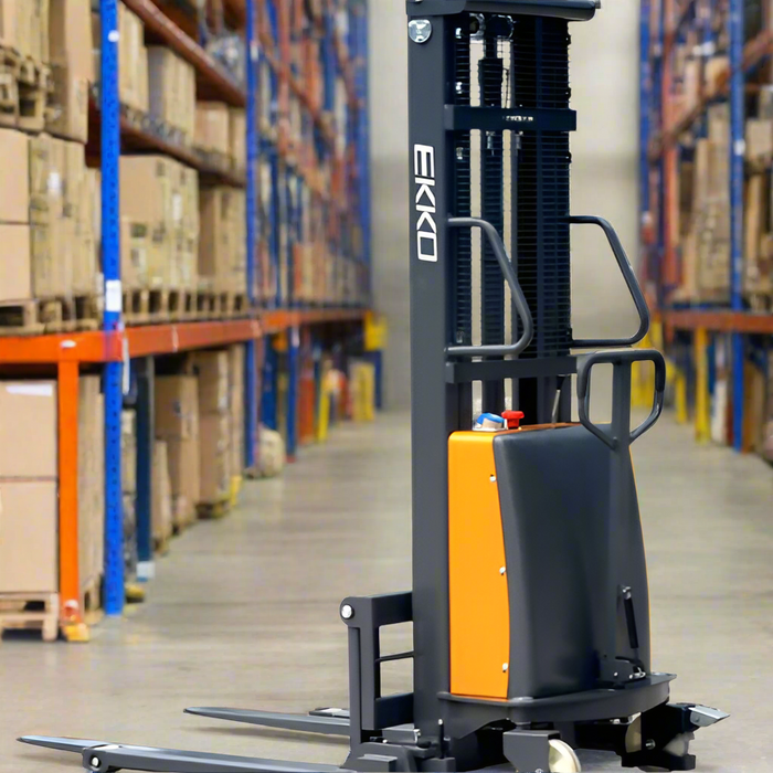 EKKO EA15B Heavy-Duty Semi-Electric Straddle Stacker - 3300 lbs Capacity, 119.4-inch Lift Height, Efficient Warehouse Lifting Equipment