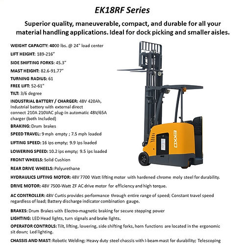 EKKO EK18RF Stand-up Electric Rider Forklift for Material Handling, 4000 lb Cap., 216" Lift Ht. 48V