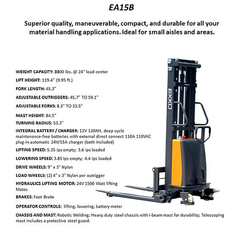 EKKO EA15B Heavy-Duty Semi-Electric Straddle Stacker - 3300 lbs Capacity, 119.4-inch Lift Height, Efficient Warehouse Lifting Equipment