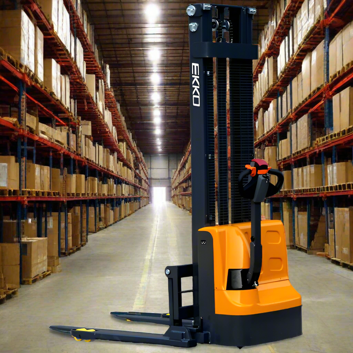 EKKO EB12E-138 Advanced Full Powered Straddle Stacker - 2640 lb Capacity, 138-inch Max Lift Height, Perfect for Efficient Warehouse & Inventory Management