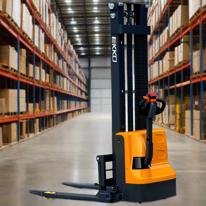 EKKO EB12E High-Efficiency Full Powered Straddle Stacker - 2640 lbs Capacity, 119.4-inch Lift Height, Ideal for Warehouse Stacking & Material Handling