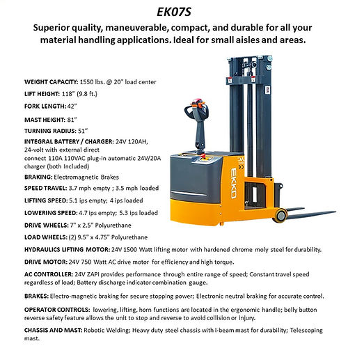 EKKO EK07S Compact Counterbalance Walkie Stacker - 1550 lbs Capacity, 118-inch Lift Height, Ideal for Precise Indoor Material Handling