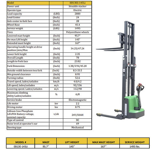 EKKO EB13ES-119Li Superior Range Full Powered Straddle Stacker - 2800 lb Capacity, 145-inch Lift Height, Optimal for High-Reach Warehouse Applications