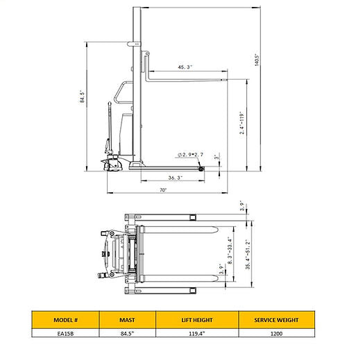 EKKO EA15B Heavy-Duty Semi-Electric Straddle Stacker - 3300 lbs Capacity, 119.4-inch Lift Height, Efficient Warehouse Lifting Equipment