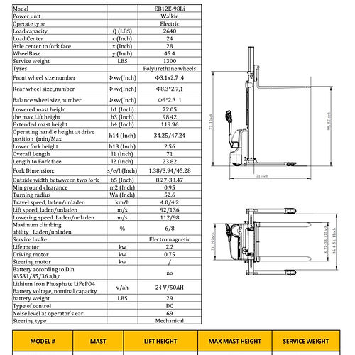 EKKO EB12E-98Li Lithium Iron Phosphate Straddle Stacker - 72" Mast Height, 98" Lift, Eco-Friendly & Efficient for Warehouse Stacking