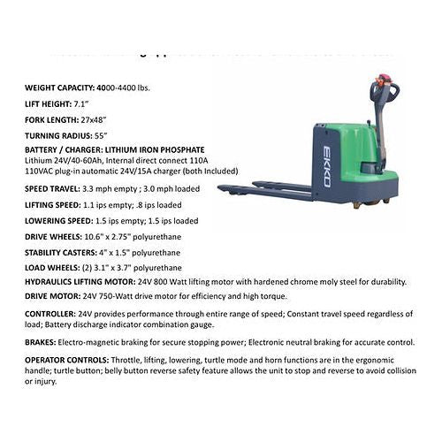 EKKO EP18LI High-Capacity Lithium Iron Walkie Pallet Jack - 4000 lb Load Capacity, Ideal for Efficient Material Handling