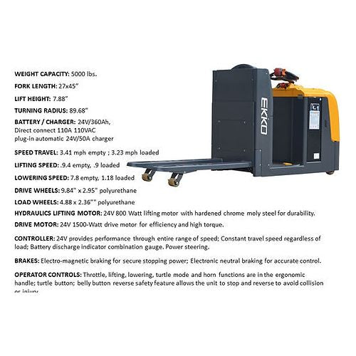 EKKO EPC30A Center-Controlled Rider Pallet Jack - 5000 lb Load Capacity, Ideal for Precise Warehouse Material Handling