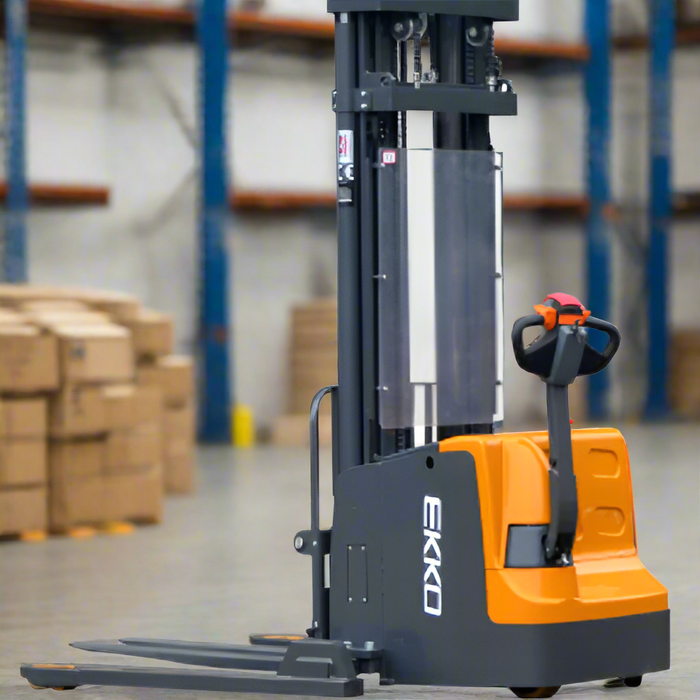 EKKO EB20E High-Performance Full Powered Straddle Stacker - 4400 lb Capacity, 177-inch Lift Height, Perfect for Heavy-Duty Warehouse Stacking & Material Handling