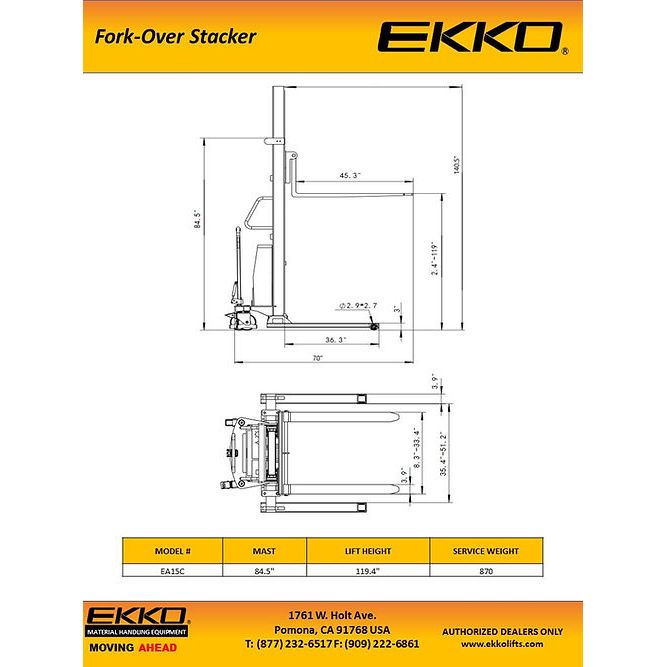 EKKO EA15C High-Capacity Semi-Electric Fork-Over Stacker - 3300 lbs Load Capacity, 119.3-inch Max Lift, Durable for Warehouse & Industrial Use