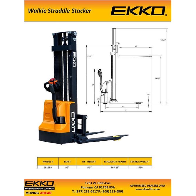 EKKO EB12EA High-Capacity Full Powered Straddle Stacker - 3000 lb Load Capacity, 145.67-inch Lift Height, Ideal for Intensive Warehouse & Material Handling Tasks